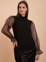 Ruffle Sleeves Top - Black And Red