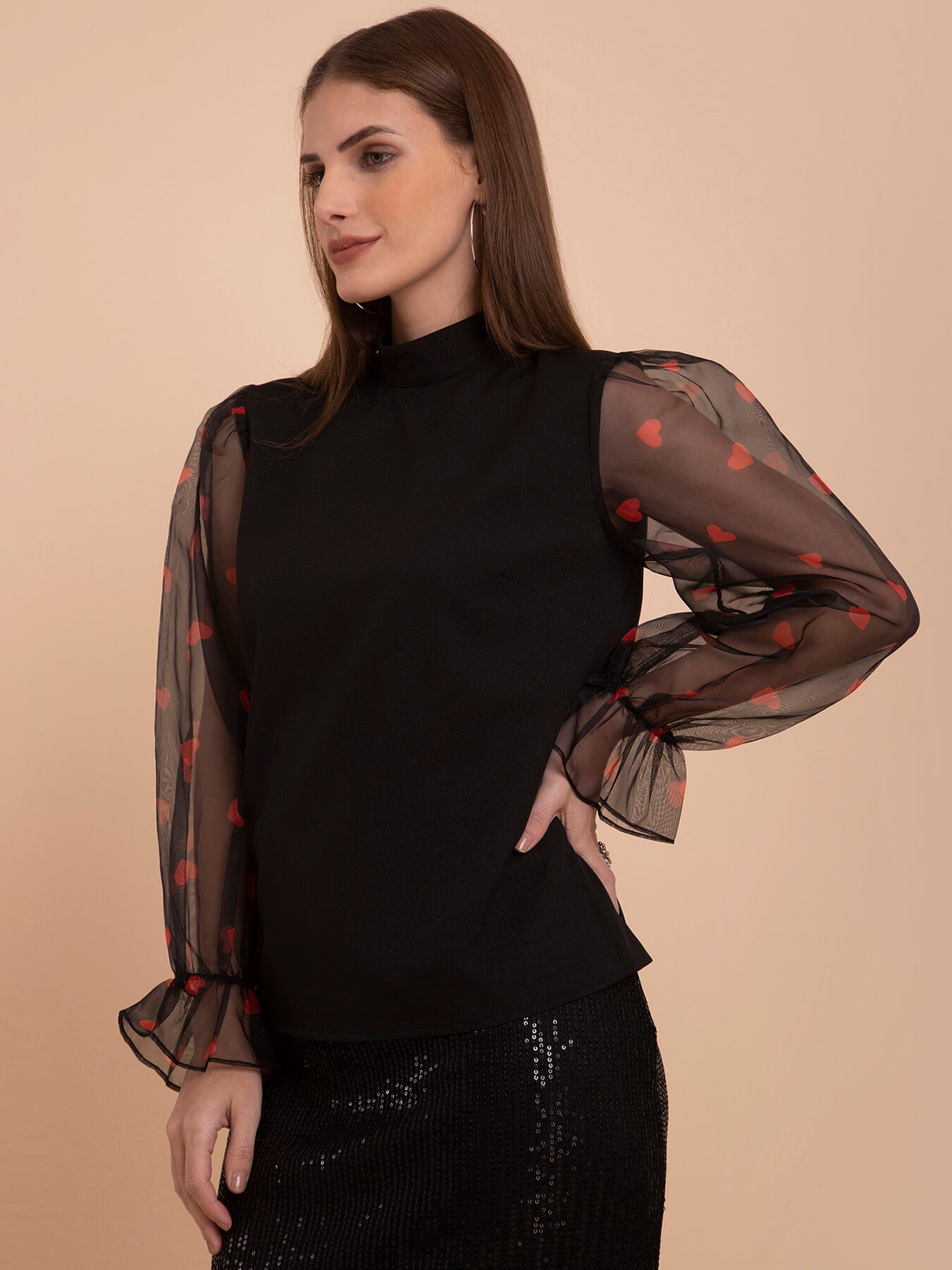 Ruffle Sleeves Top - Black And Red