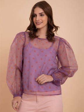 Organza Heart Print Top - Pink And Red