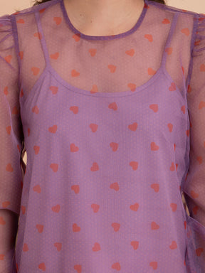 Organza Heart Print Top - Pink And Red