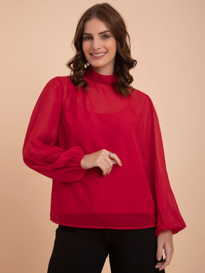 Georgette High Neck Top - Red| Formal Tops