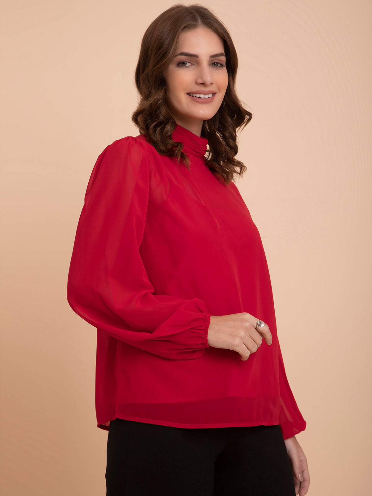 Georgette High Neck Top - Red| Formal Tops