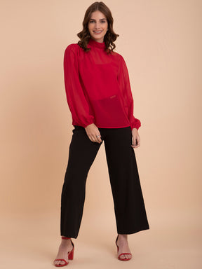 Georgette High Neck Top - Red| Formal Tops