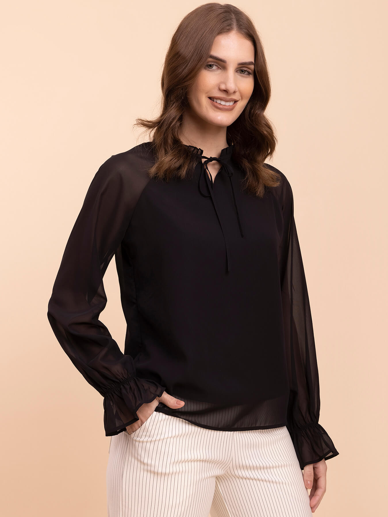 Georgette Ruffle Tie-Up Neck Top - Black| Formal Tops