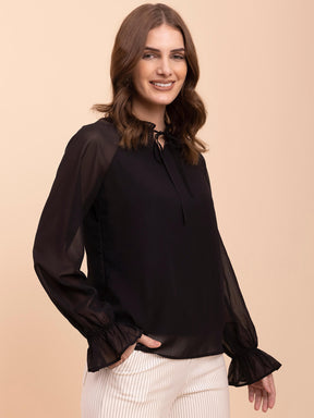 Georgette Ruffle Tie-Up Neck Top - Black| Formal Tops