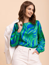 Satin Animal Print Top - Royal Blue and Green