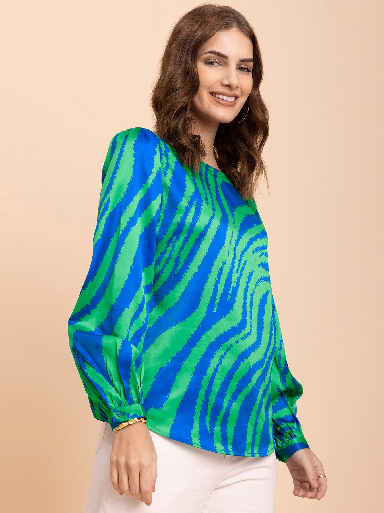 Satin Animal Print Top - Royal Blue and Green