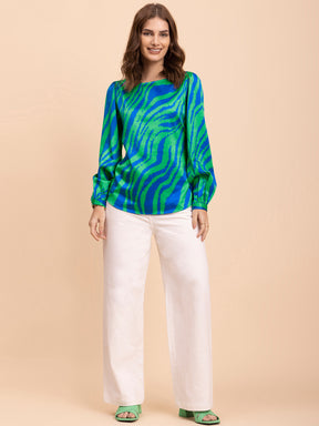 Satin Animal Print Top - Royal Blue and Green