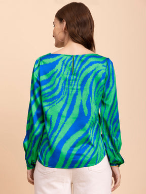 Satin Animal Print Top - Royal Blue and Green