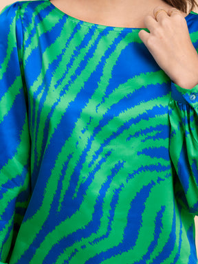 Satin Animal Print Top - Royal Blue and Green