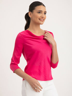 Satin Cowl Neck Top - Fuchsia