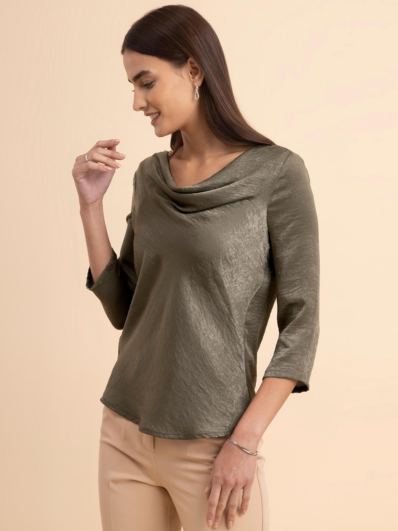 Satin Cowl Neck Top - Olive