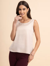 Satin Round Neck Cami Top - Beige