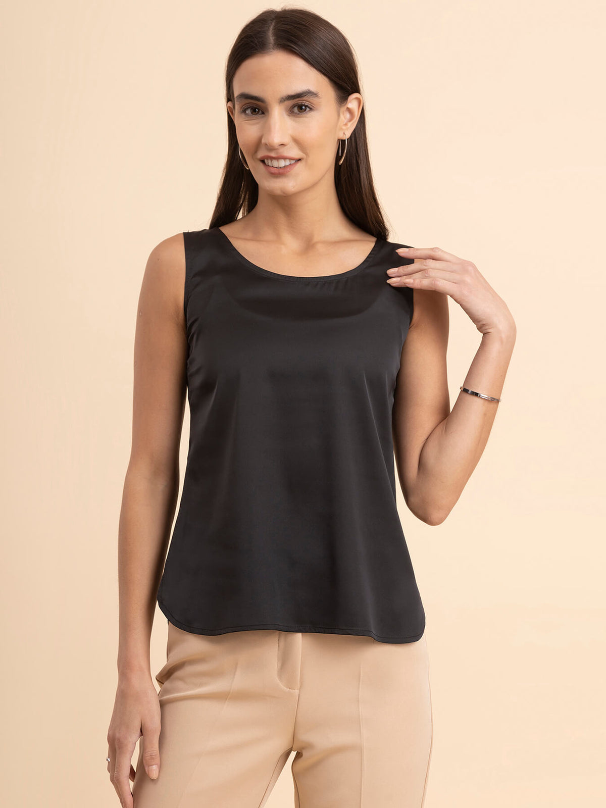 Satin Round Neck Cami Top - Black