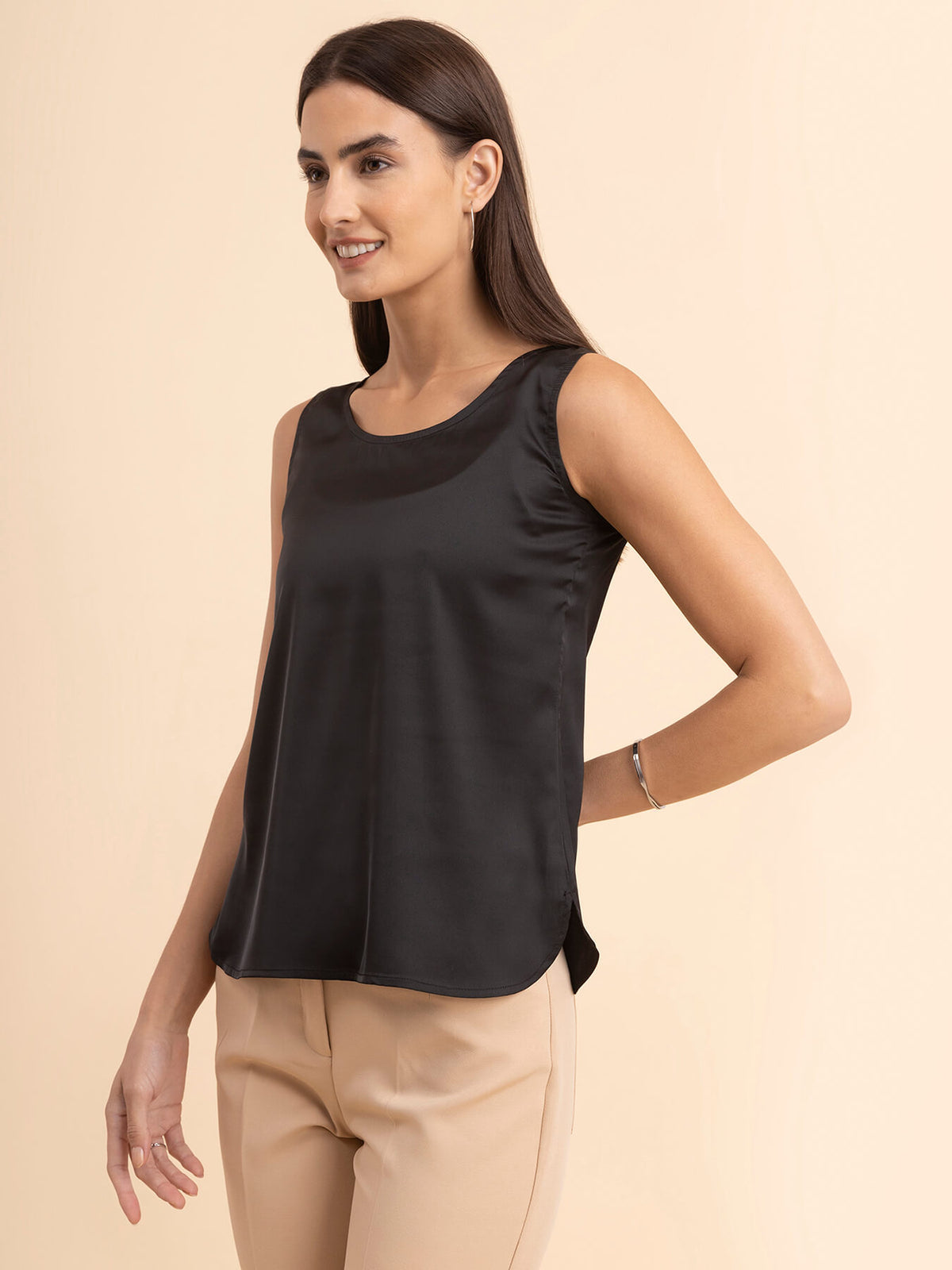 Satin Round Neck Cami Top - Black