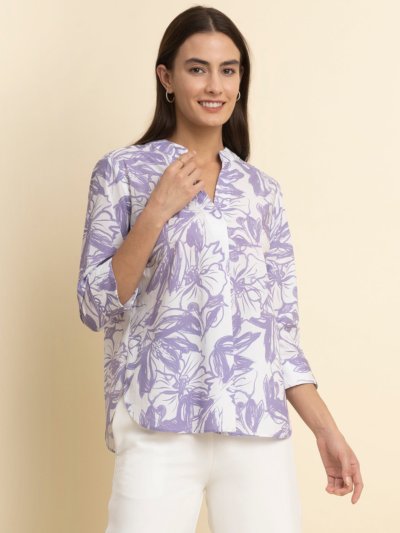 Cotton Front Pleat Top - White And Lavender