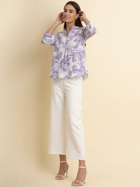 Cotton Front Pleat Top - White And Lavender