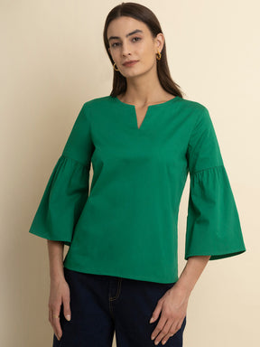 Cotton Gathered Sleeves Top - Green