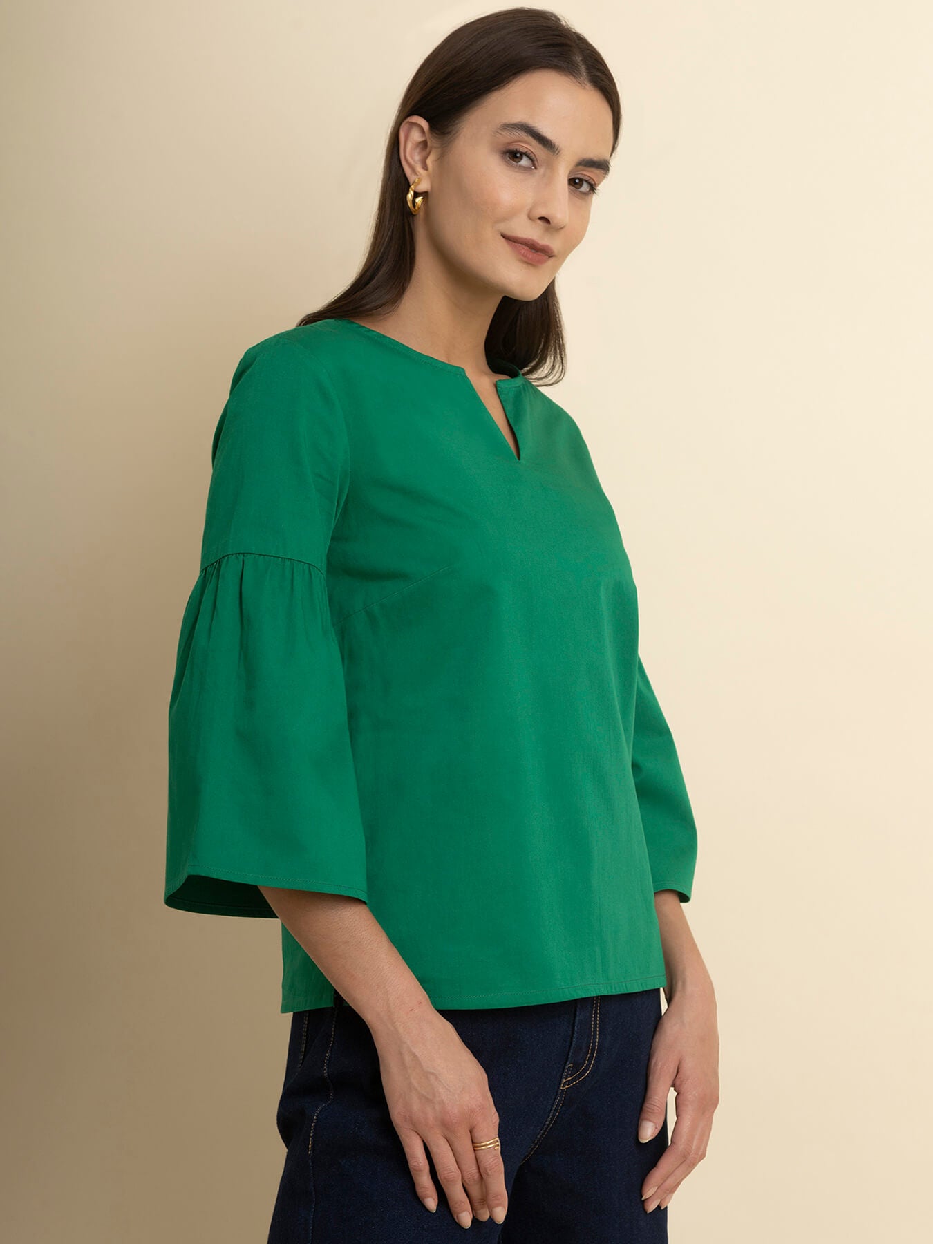 Cotton Gathered Sleeves Top - Green