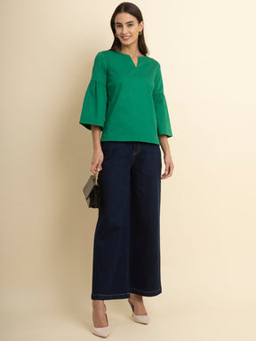 Cotton Gathered Sleeves Top - Green