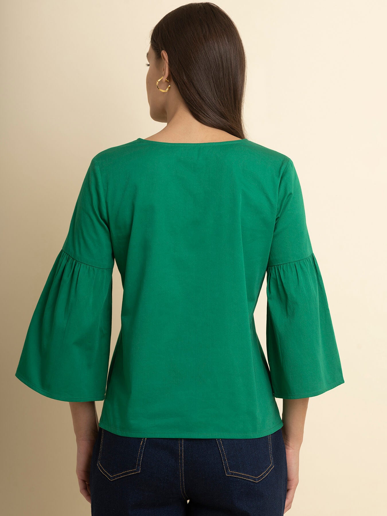 Cotton Gathered Sleeves Top - Green