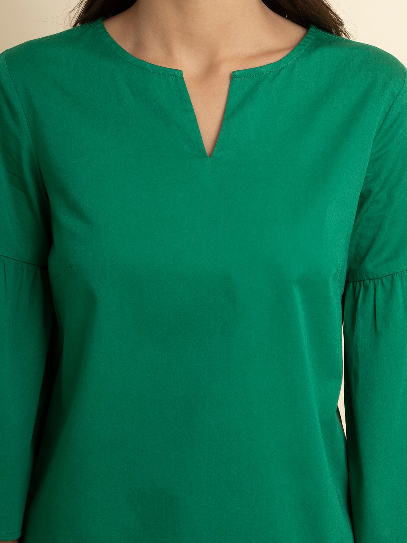 Cotton Gathered Sleeves Top - Green