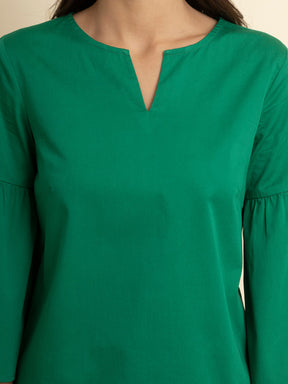 Cotton Gathered Sleeves Top - Green