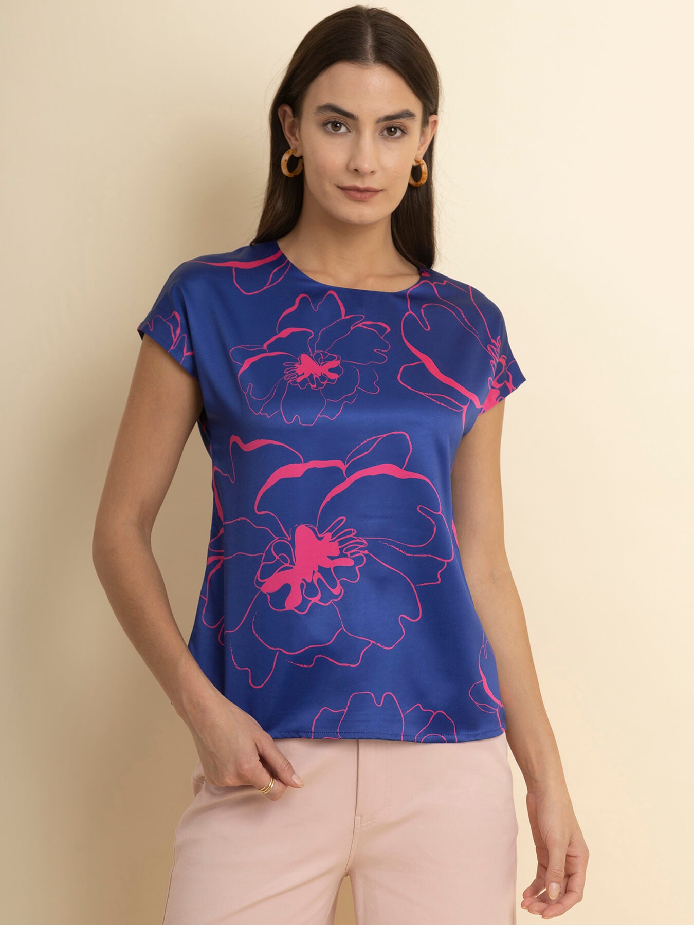 Satin Floral Drop Shoulder Top - Blue