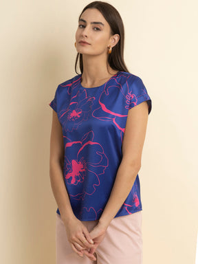 Satin Floral Drop Shoulder Top - Blue