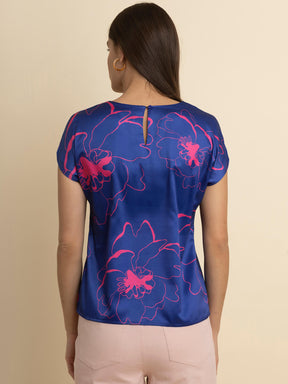 Satin Floral Drop Shoulder Top - Blue