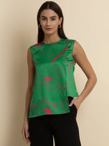 Satin Floral Asymmetric Top - Green