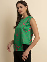 Satin Floral Asymmetric Top - Green