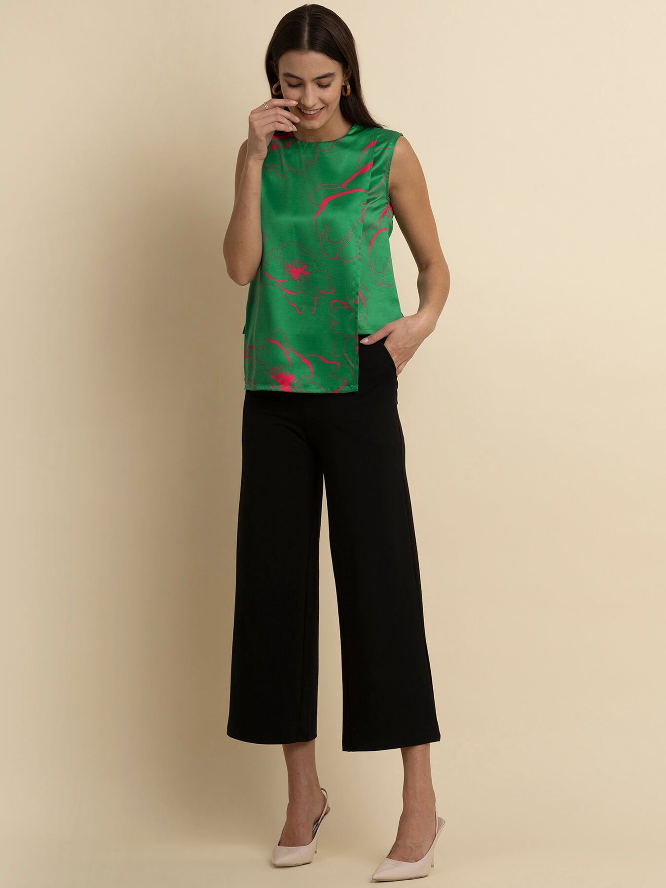 Satin Floral Asymmetric Top - Green