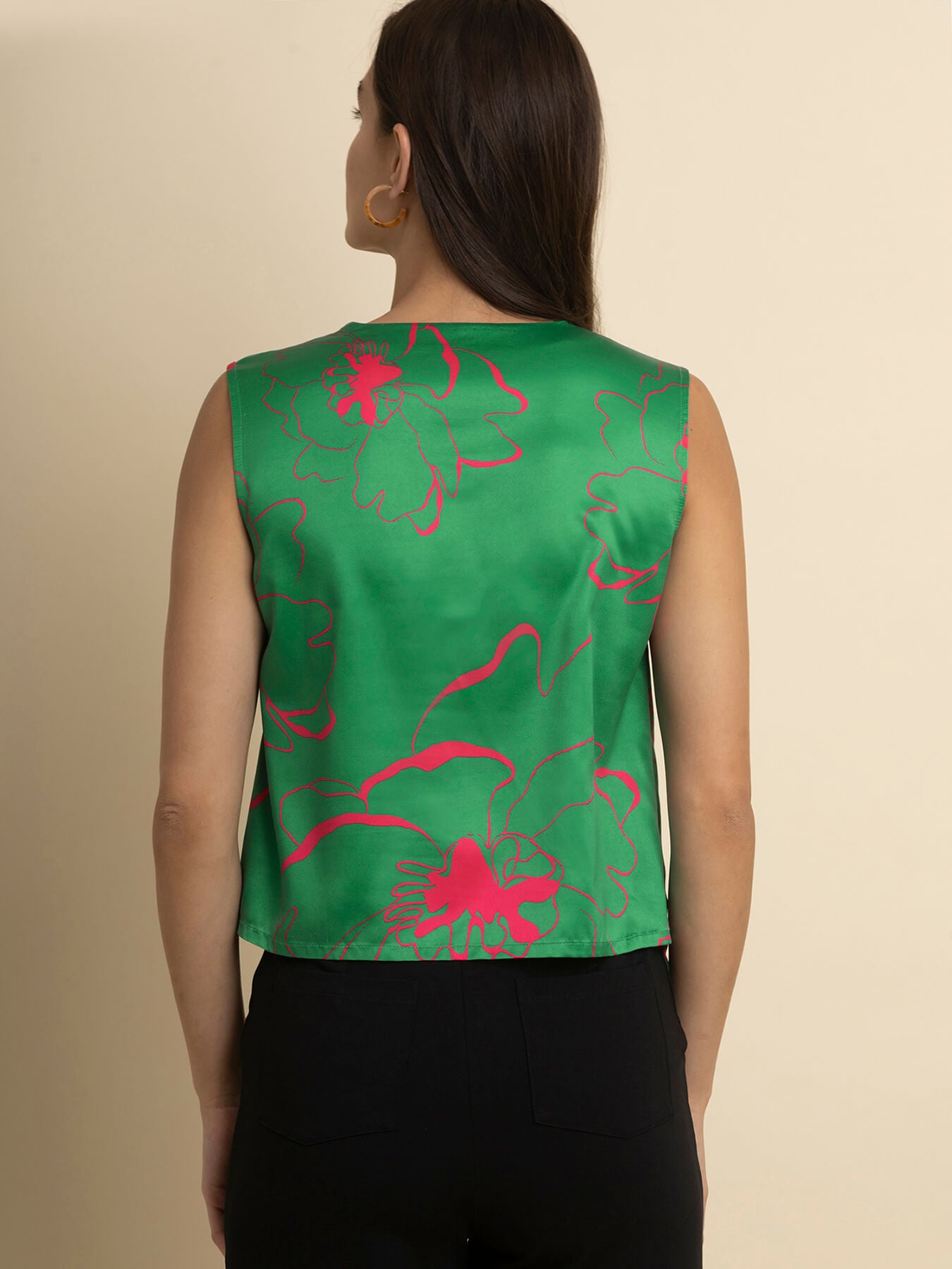 Satin Floral Asymmetric Top - Green