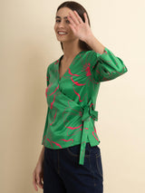 Satin Floral Wrap Top - Green