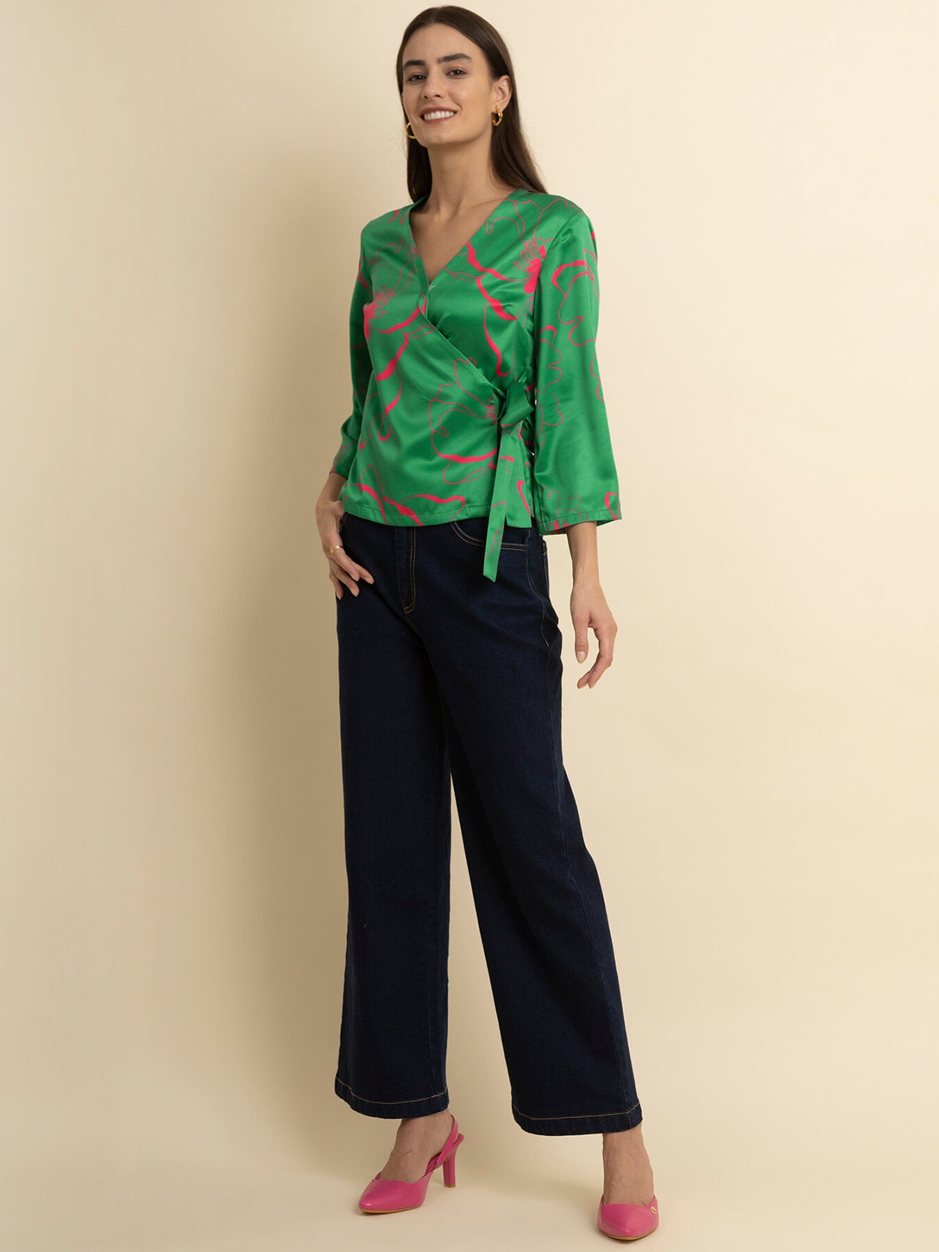 Satin Floral Wrap Top - Green