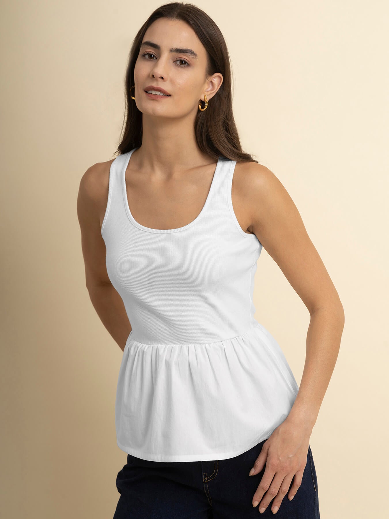 Cotton Round Neck Peplum Top - White