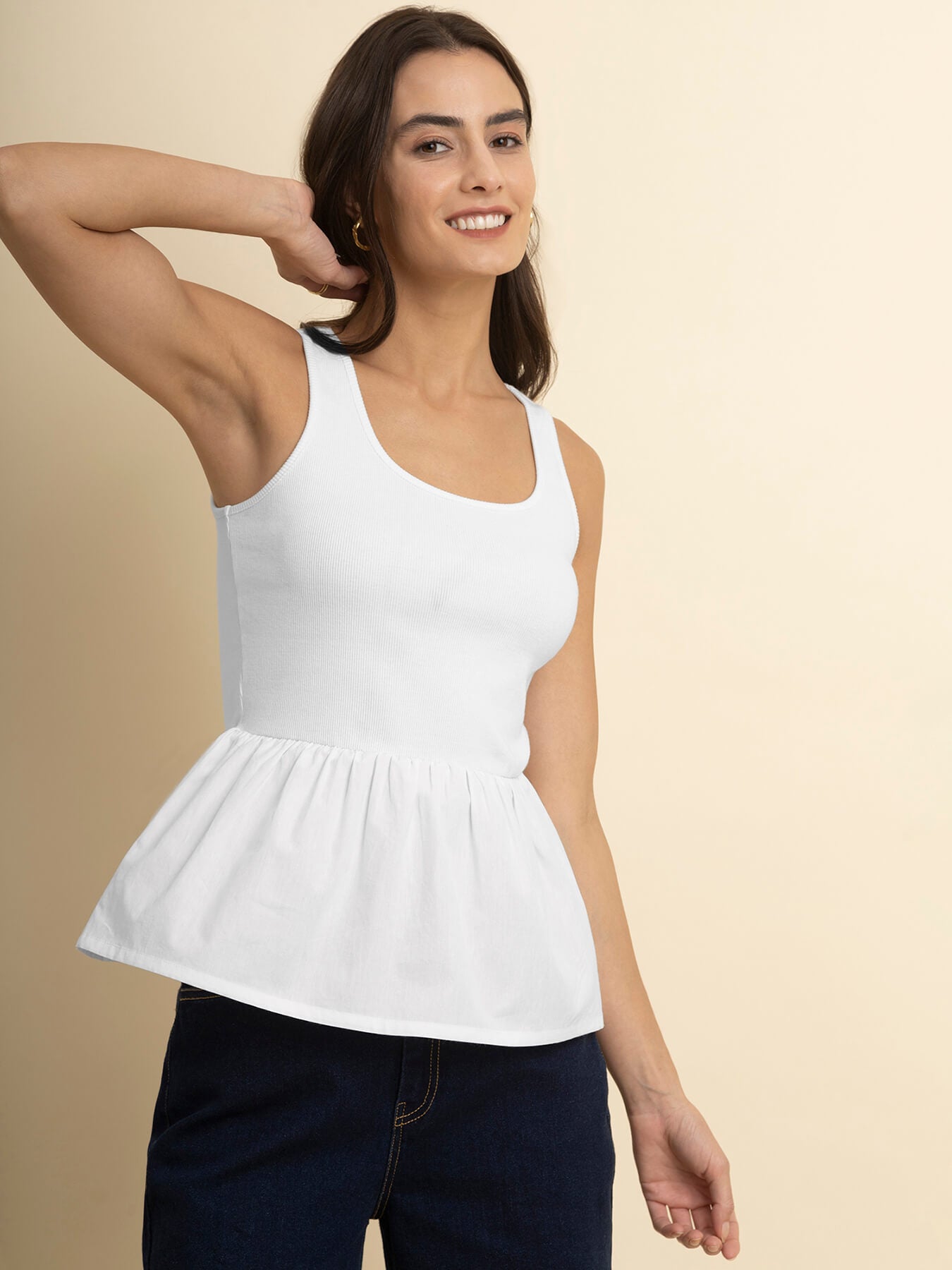 Cotton Round Neck Peplum Top - White