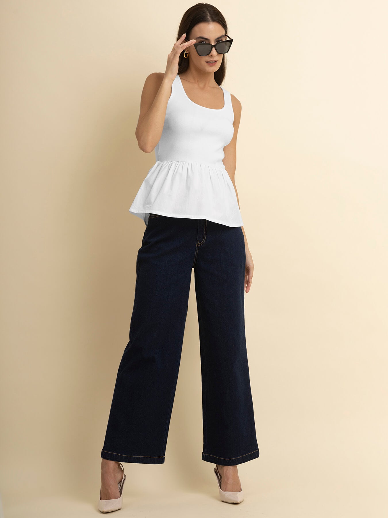 Cotton Round Neck Peplum Top - White