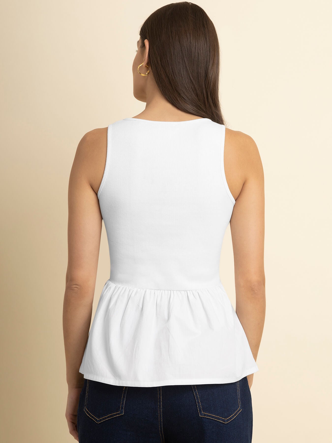 Cotton Round Neck Peplum Top - White