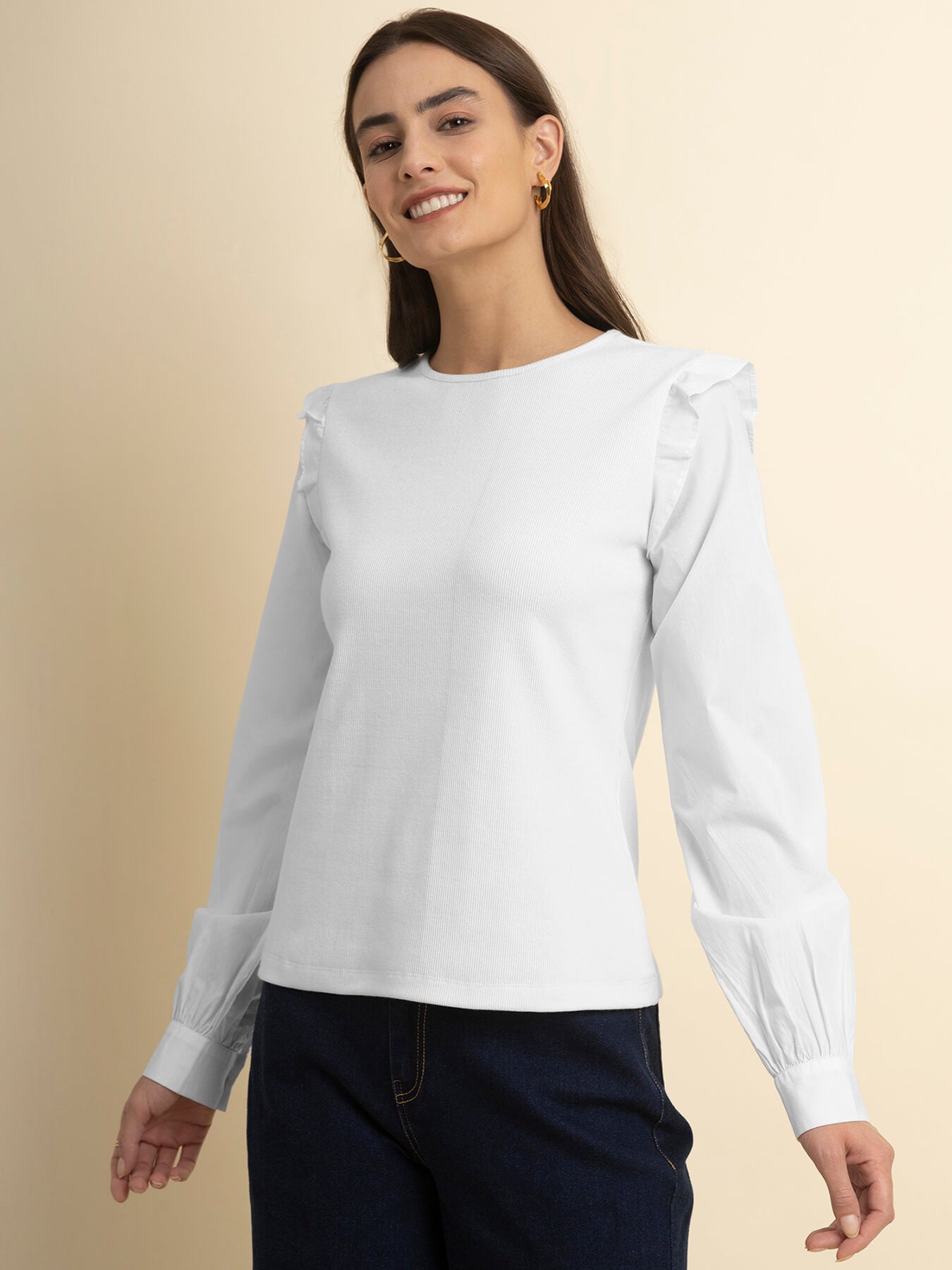 Cotton Ruffle Detail Top - White