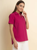 Cotton Front Pleat Top - Fuchsia