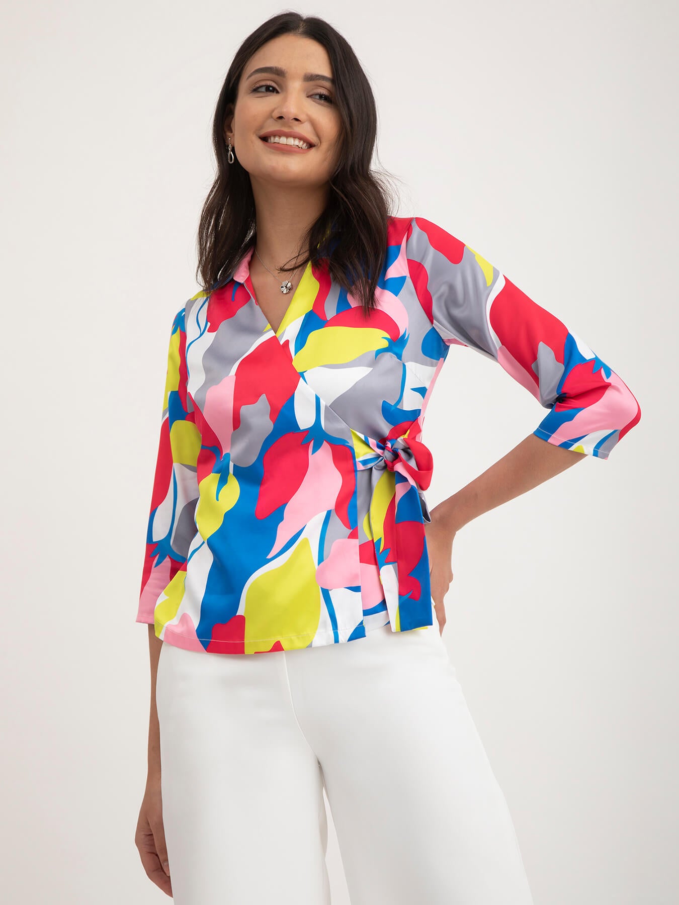 Satin Abstract Floral Top - Multicolour