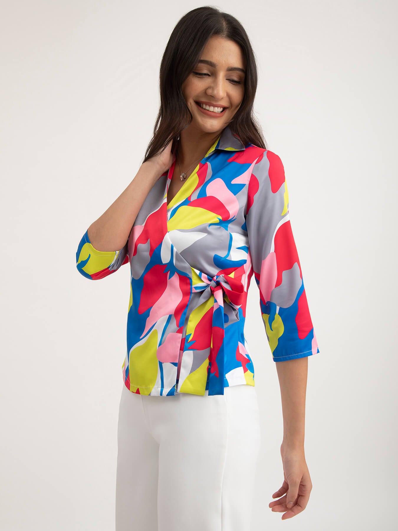 Satin Abstract Floral Top - Multicolour