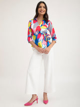 Satin Abstract Floral Top - Multicolour