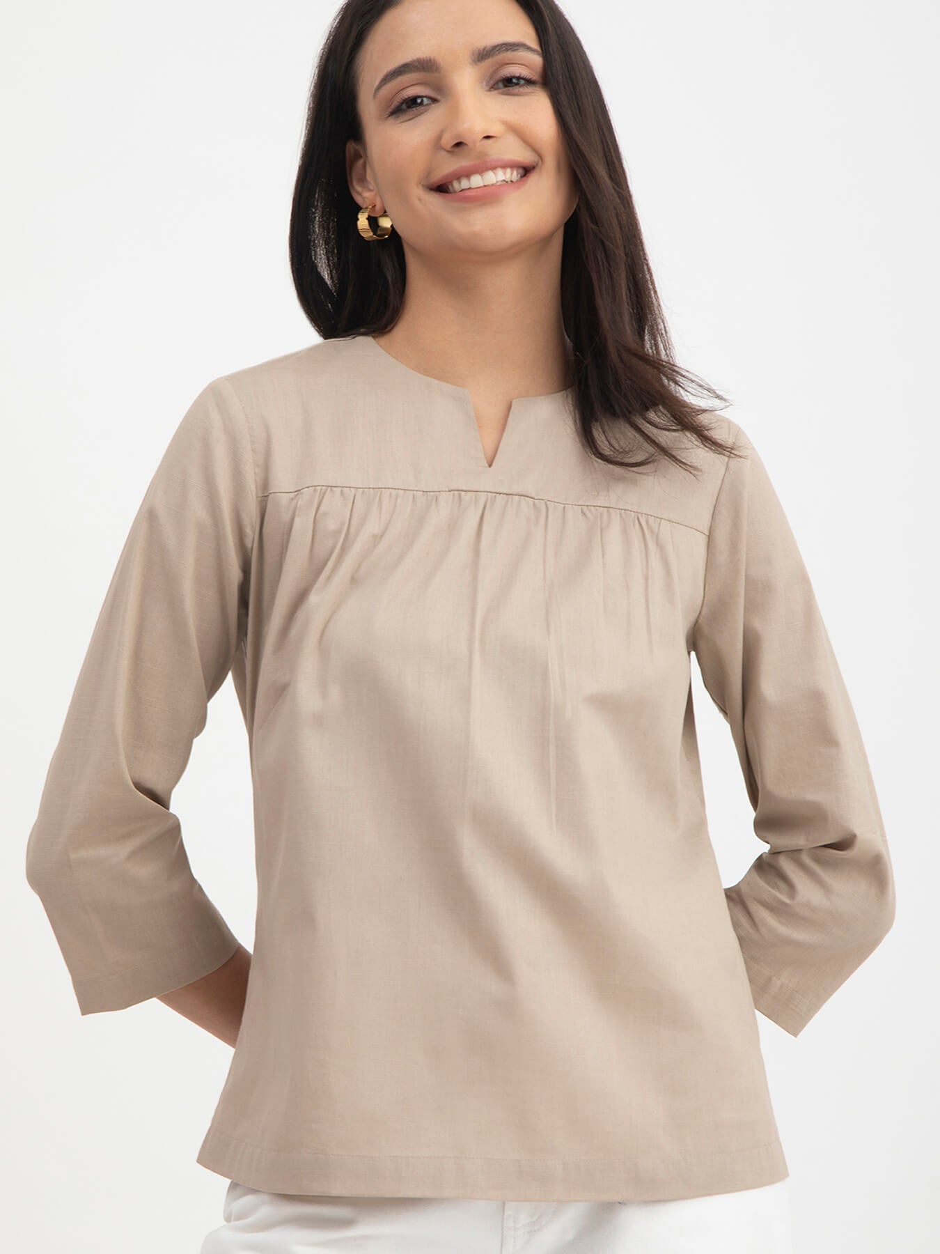 Linen Gather Detail Top - Beige