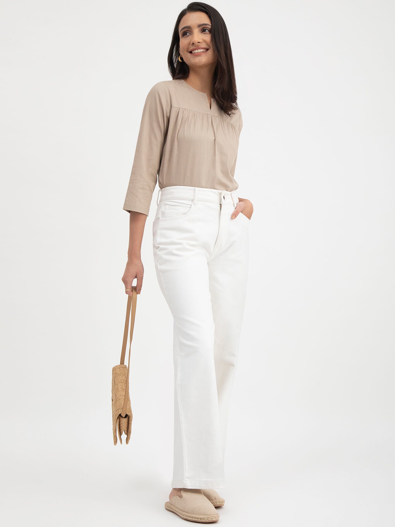 Linen Gather Detail Top - Beige