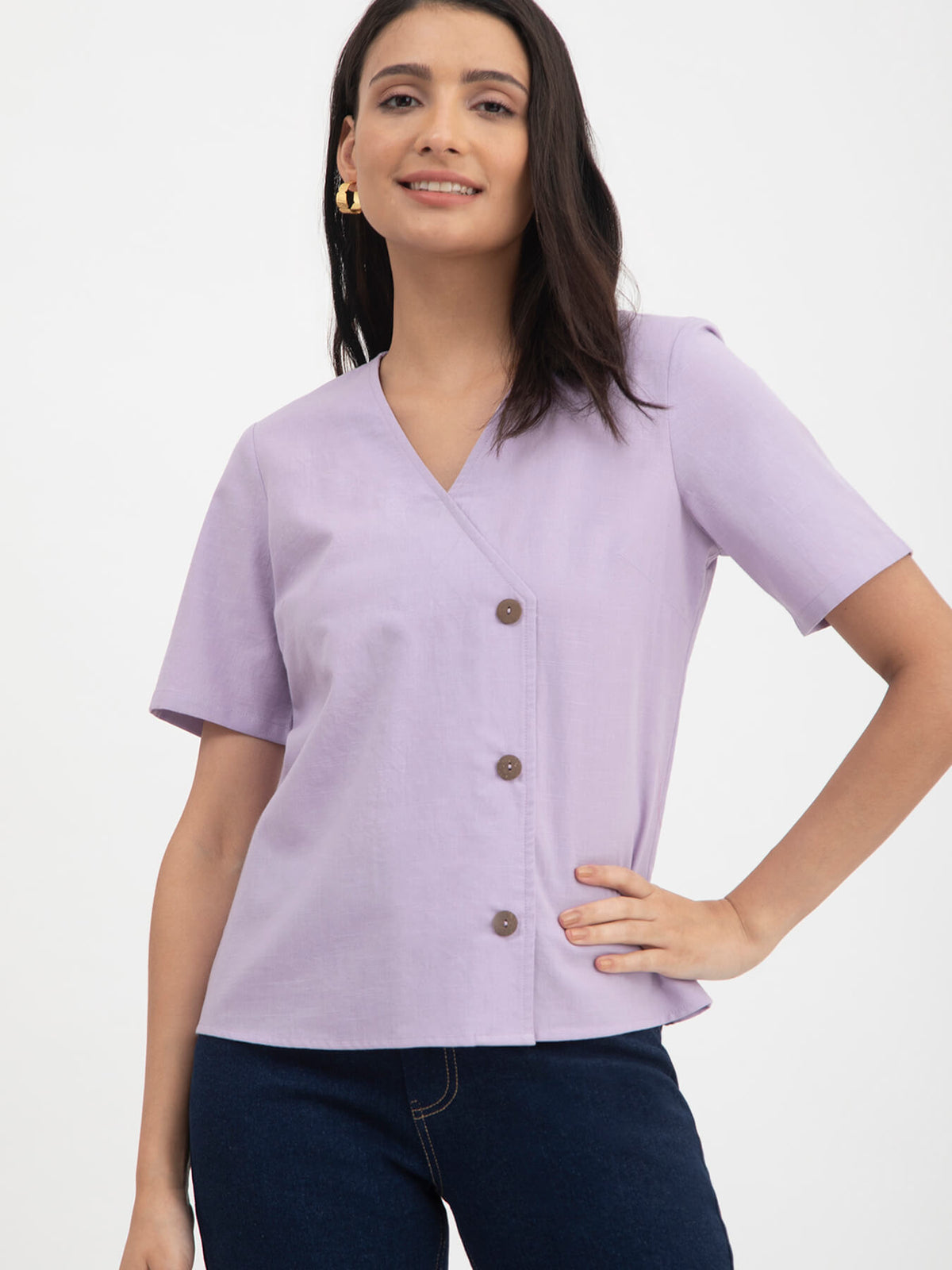 Linen V-Neck Button Top - Purple