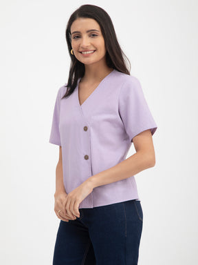 Linen V-Neck Button Top - Purple