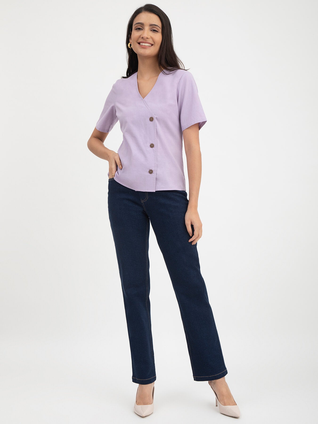 Linen V-Neck Button Top - Purple